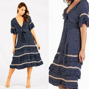 NWT Cleobella Navy Blue Pinstriped Flutter Sleeve Midi Dress Size Medium